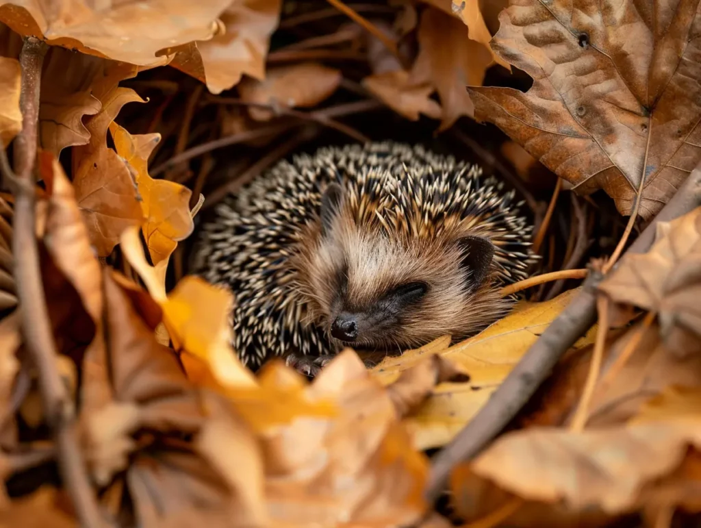 Jeż europejski śpiący w liściach